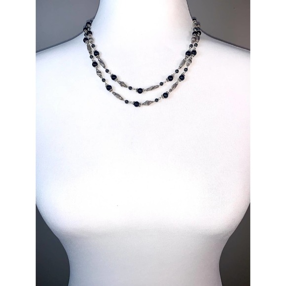 Napier Silver Black Beaded Double Strand Statement Necklace EUC - Picture 3 of 5